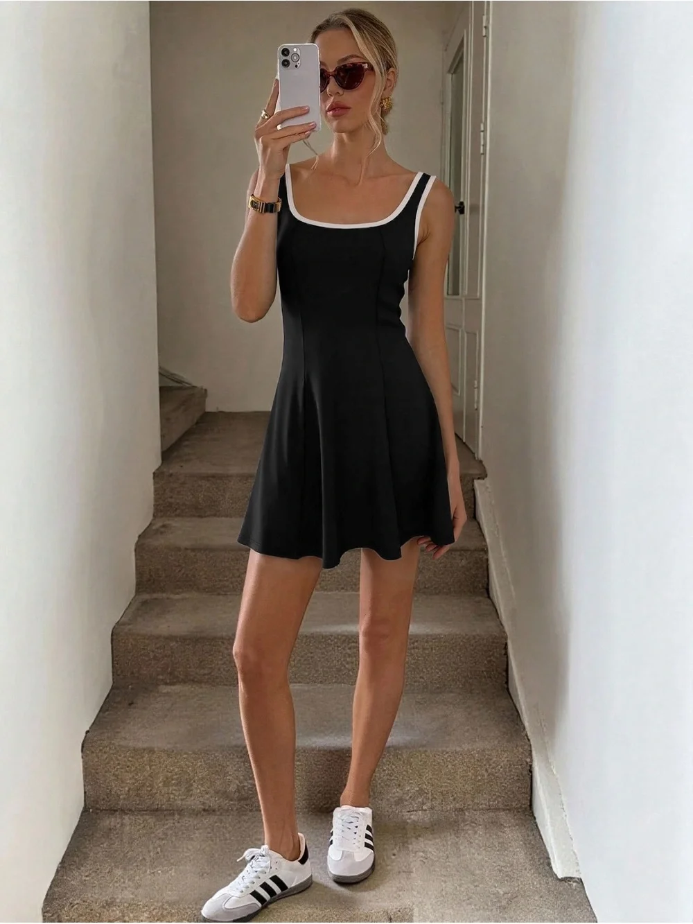 Sleeveless Black Midi Dress with White Trim - Picture 3 of 4